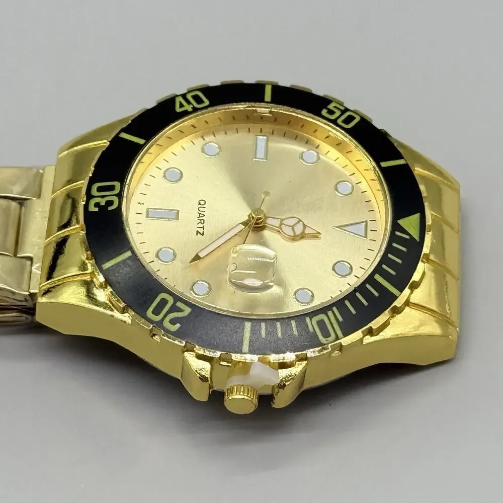 Men's Gold Dial Quartz Watch Stainless Steel Submariner Style Sports Wristwatch